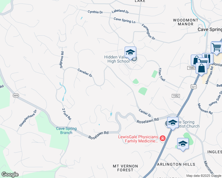 map of restaurants, bars, coffee shops, grocery stores, and more near 5358 Chaucers Court in Cave Spring