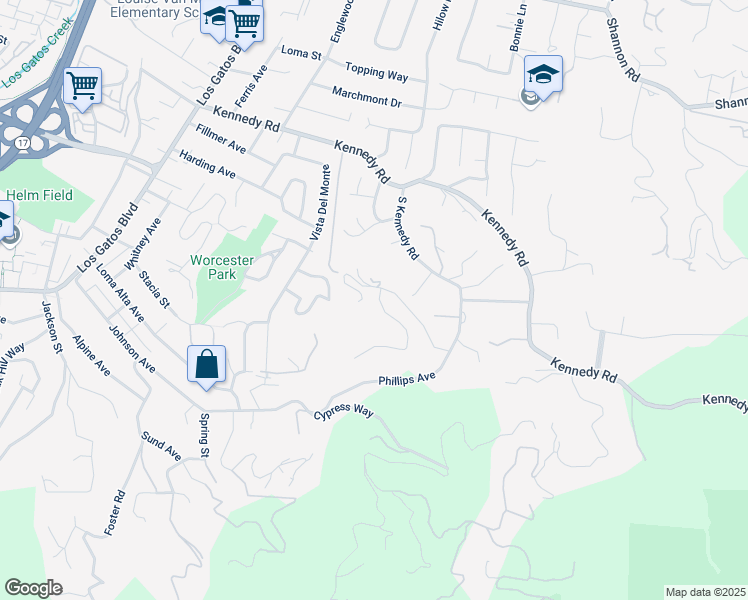 map of restaurants, bars, coffee shops, grocery stores, and more near 17040 Los Cerritos Drive in Los Gatos