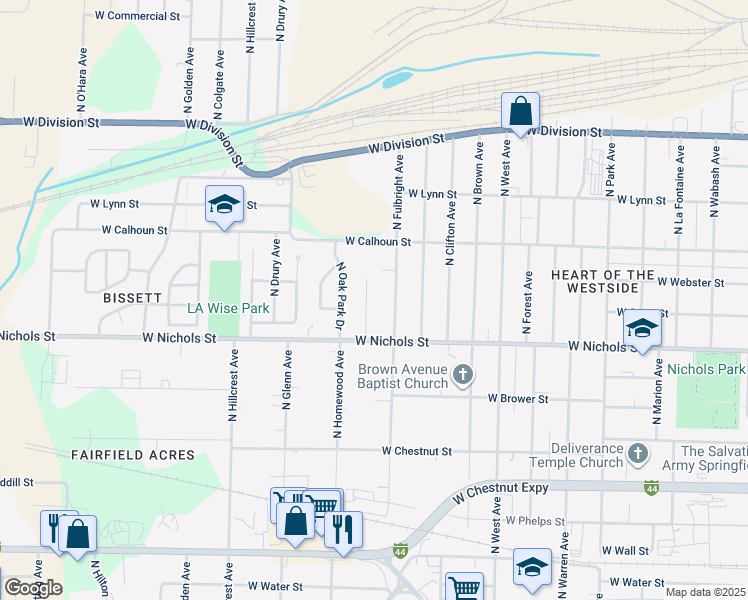 map of restaurants, bars, coffee shops, grocery stores, and more near 1117 North Homewood Avenue in Springfield