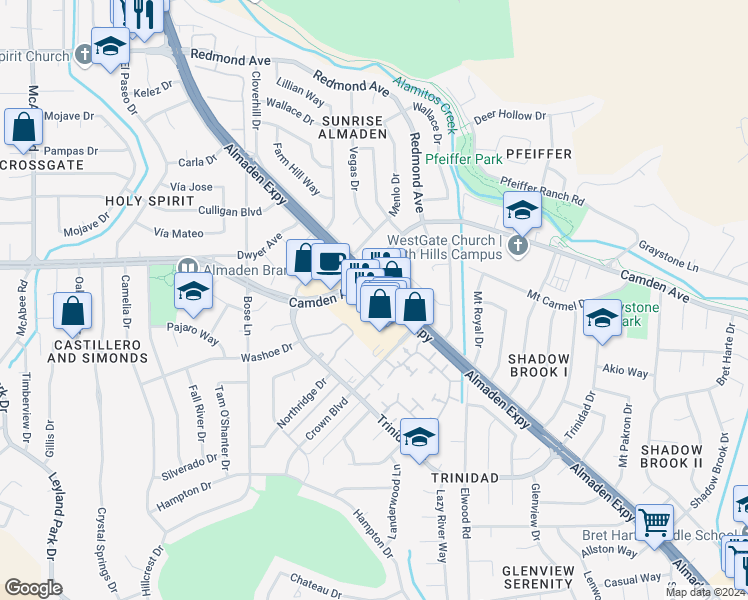 map of restaurants, bars, coffee shops, grocery stores, and more near 6477 Almaden Road in San Jose