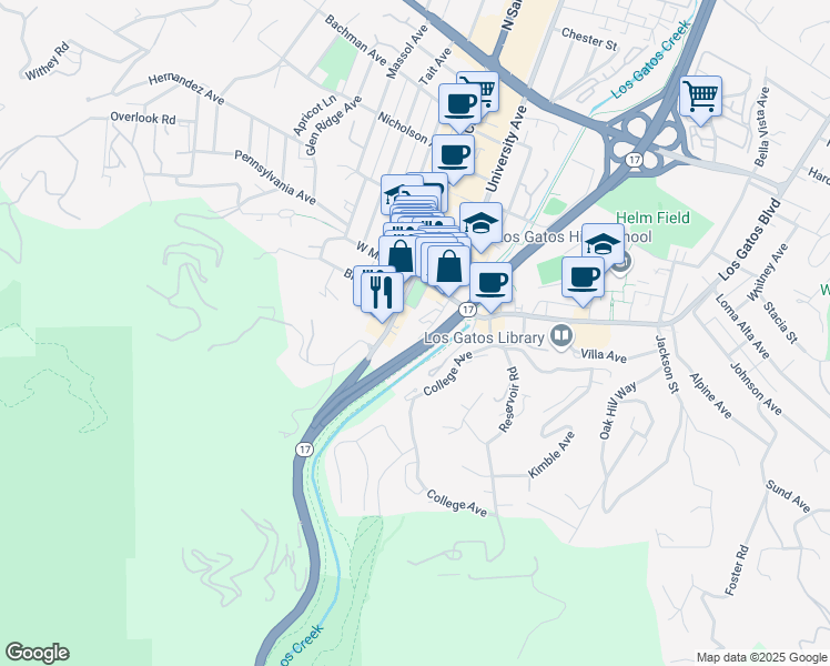 map of restaurants, bars, coffee shops, grocery stores, and more near 101 South Santa Cruz Avenue in Los Gatos