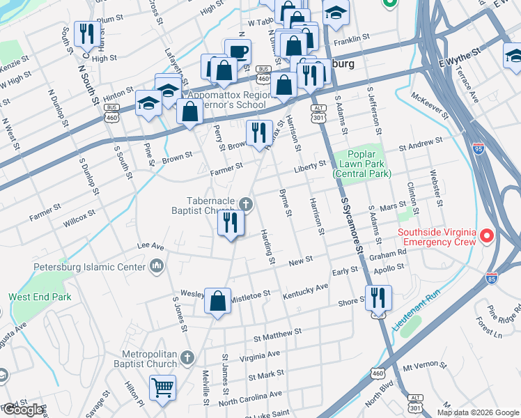 map of restaurants, bars, coffee shops, grocery stores, and more near 427 Harding Street in Petersburg