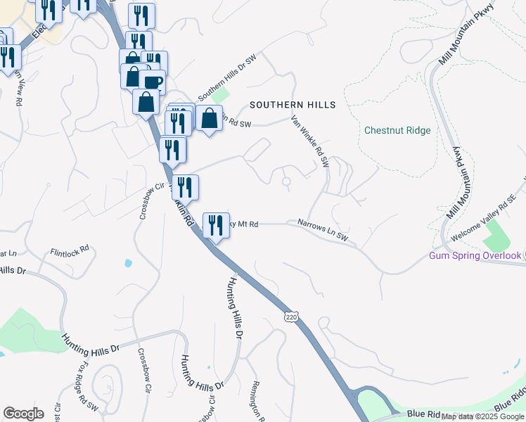 map of restaurants, bars, coffee shops, grocery stores, and more near 4419 Pheasant Ridge Road in Roanoke