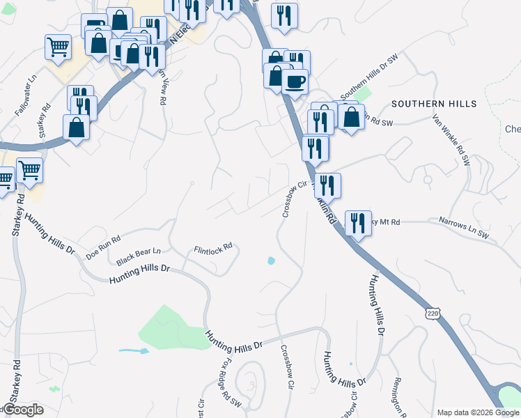 map of restaurants, bars, coffee shops, grocery stores, and more near 5215 Chukar Drive in Cave Spring