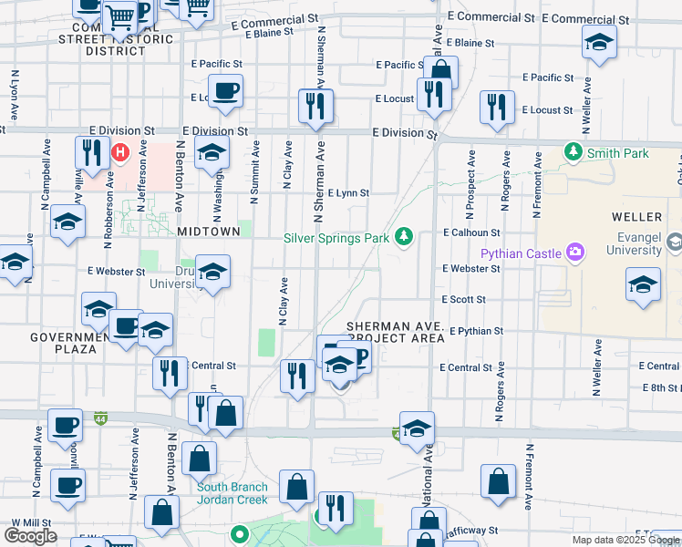 map of restaurants, bars, coffee shops, grocery stores, and more near 1138 North Sherman Avenue in Springfield