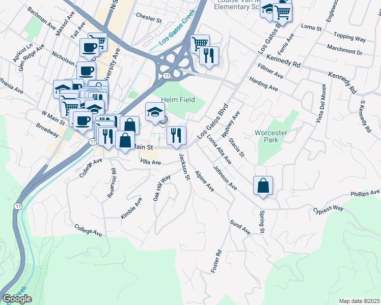 map of restaurants, bars, coffee shops, grocery stores, and more near 2 Los Gatos Boulevard in Los Gatos
