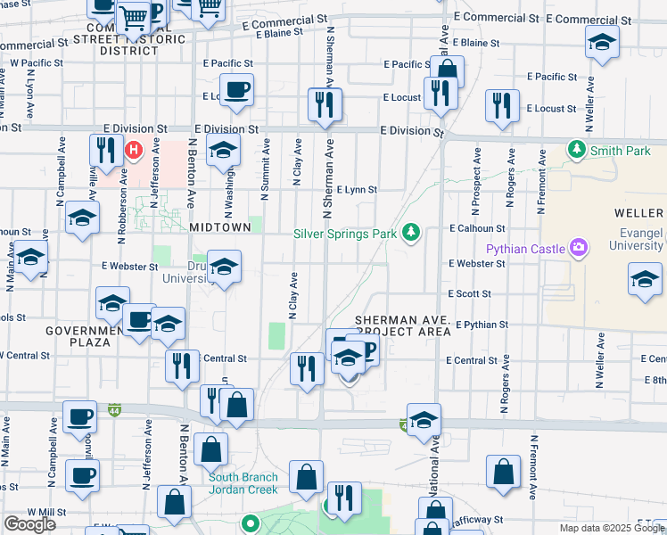 map of restaurants, bars, coffee shops, grocery stores, and more near 1138 North Sherman Avenue in Springfield