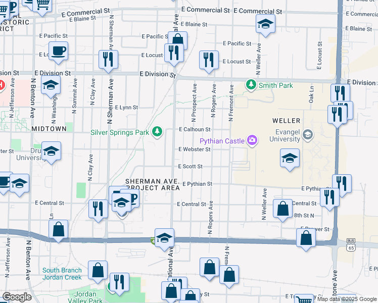 map of restaurants, bars, coffee shops, grocery stores, and more near 1133 North Prospect Avenue in Springfield