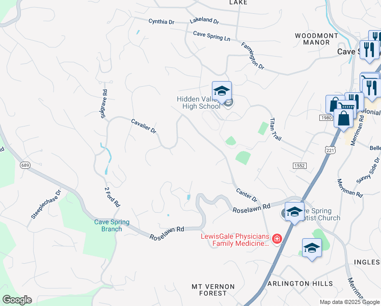 map of restaurants, bars, coffee shops, grocery stores, and more near 5358 Chaucers Court in Cave Spring