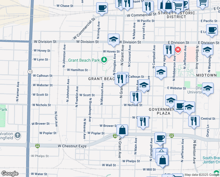map of restaurants, bars, coffee shops, grocery stores, and more near 812 West Webster Street in Springfield