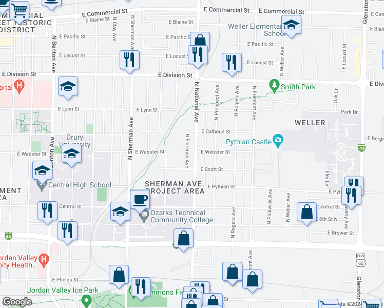 map of restaurants, bars, coffee shops, grocery stores, and more near 1135 North National Avenue in Springfield