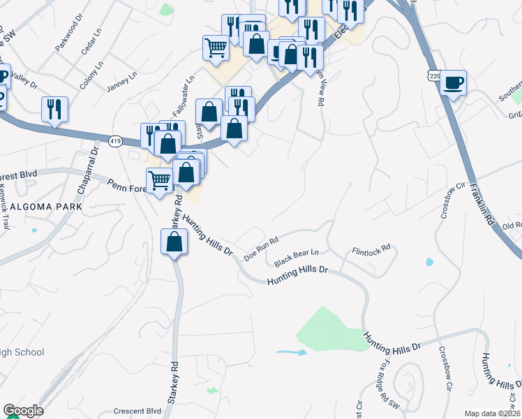 map of restaurants, bars, coffee shops, grocery stores, and more near 5607 Village Way in Roanoke