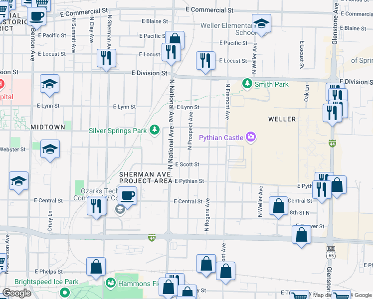 map of restaurants, bars, coffee shops, grocery stores, and more near 1133 North Prospect Avenue in Springfield