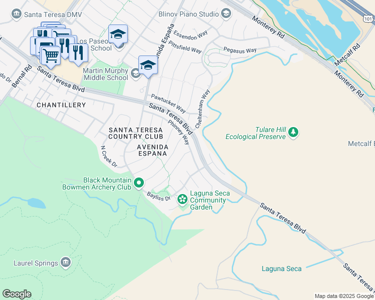 map of restaurants, bars, coffee shops, grocery stores, and more near 7427 Phinney Way in San Jose