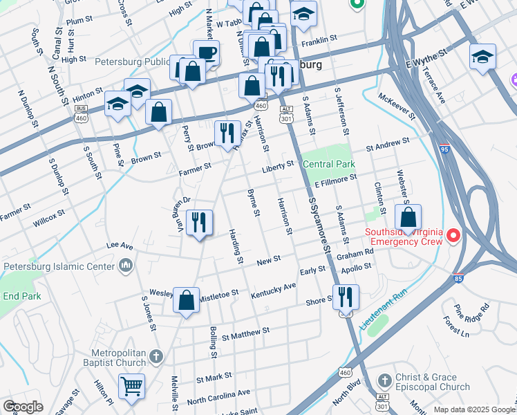 map of restaurants, bars, coffee shops, grocery stores, and more near 435 Byrne Street in Petersburg