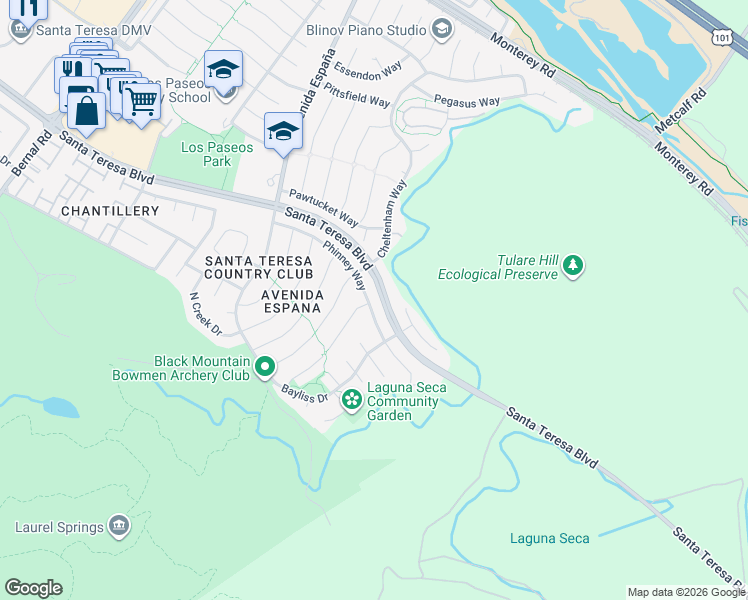 map of restaurants, bars, coffee shops, grocery stores, and more near 7438 Phinney Way in San Jose