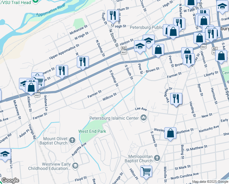 map of restaurants, bars, coffee shops, grocery stores, and more near 915 Willcox Street in Petersburg
