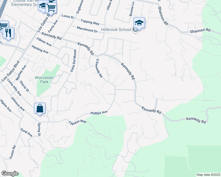 map of restaurants, bars, coffee shops, grocery stores, and more near 16420 South Kennedy Road in Los Gatos