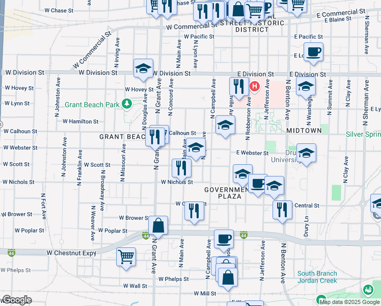 map of restaurants, bars, coffee shops, grocery stores, and more near 522 West Webster Street in Springfield
