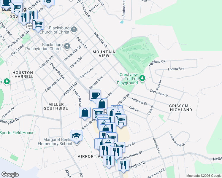 map of restaurants, bars, coffee shops, grocery stores, and more near 111 Cohee Road in Blacksburg
