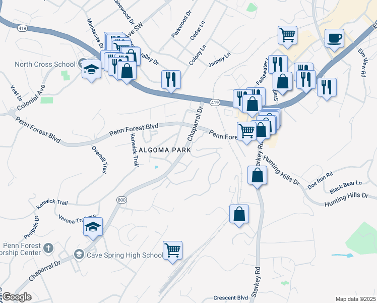 map of restaurants, bars, coffee shops, grocery stores, and more near 3221 Londonderry Lane in Cave Spring