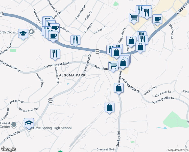 map of restaurants, bars, coffee shops, grocery stores, and more near 3411 Stonehenge Square in Cave Spring