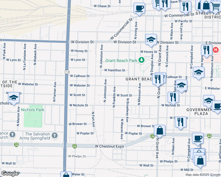 map of restaurants, bars, coffee shops, grocery stores, and more near 1130 West Webster Street in Springfield
