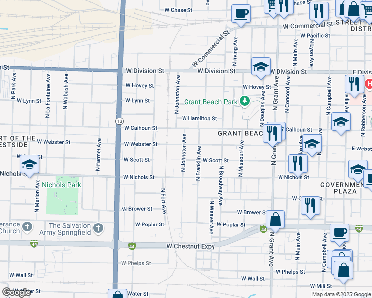 map of restaurants, bars, coffee shops, grocery stores, and more near 1130 West Webster Street in Springfield