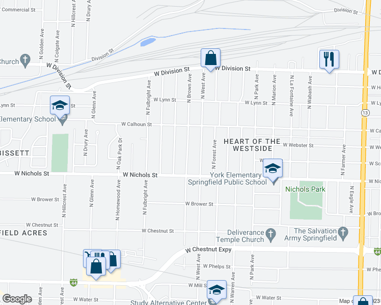 map of restaurants, bars, coffee shops, grocery stores, and more near 1112 North Brown Avenue in Springfield