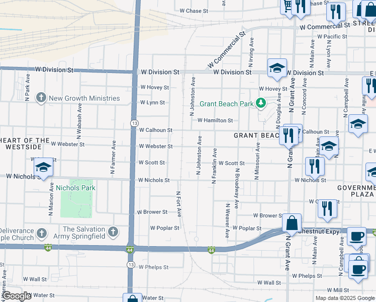 map of restaurants, bars, coffee shops, grocery stores, and more near 1230 West Webster Street in Springfield