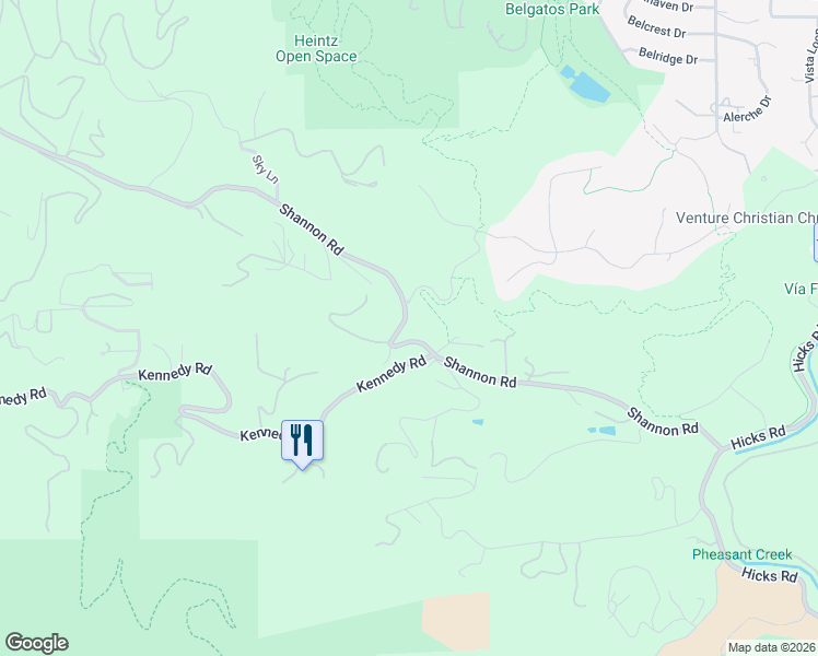 map of restaurants, bars, coffee shops, grocery stores, and more near 14677 Shannon Road in Los Gatos