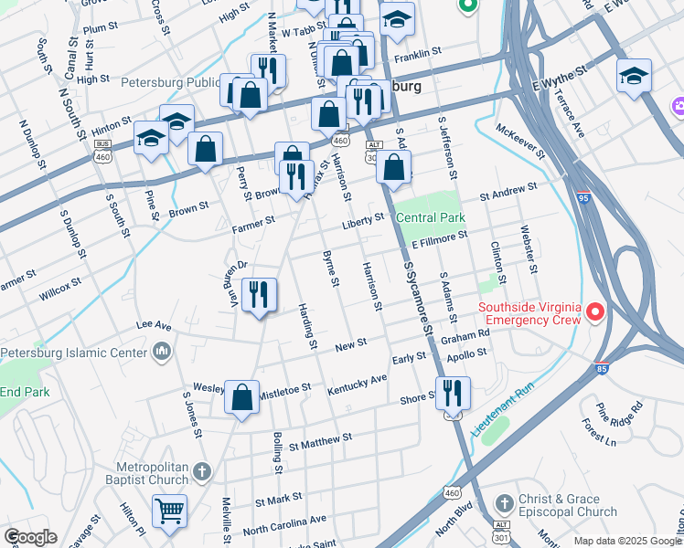 map of restaurants, bars, coffee shops, grocery stores, and more near 435 Byrne Street in Petersburg