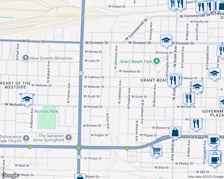 map of restaurants, bars, coffee shops, grocery stores, and more near 1230 West Webster Street in Springfield