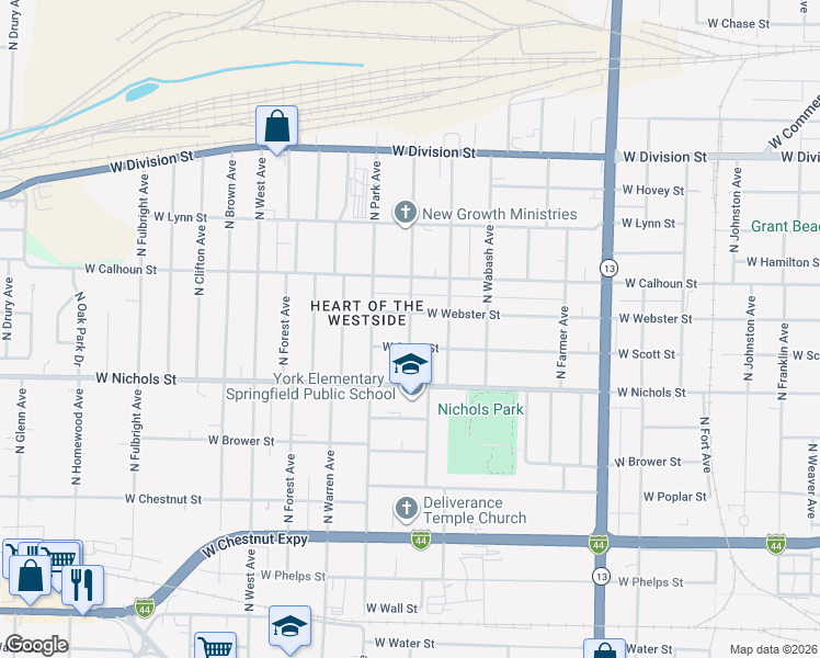 map of restaurants, bars, coffee shops, grocery stores, and more near 1152 North Marion Avenue in Springfield