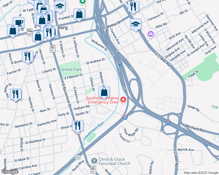 map of restaurants, bars, coffee shops, grocery stores, and more near 400 Mars Street in Petersburg