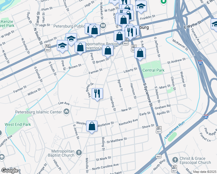 map of restaurants, bars, coffee shops, grocery stores, and more near 427 Harding Street in Petersburg