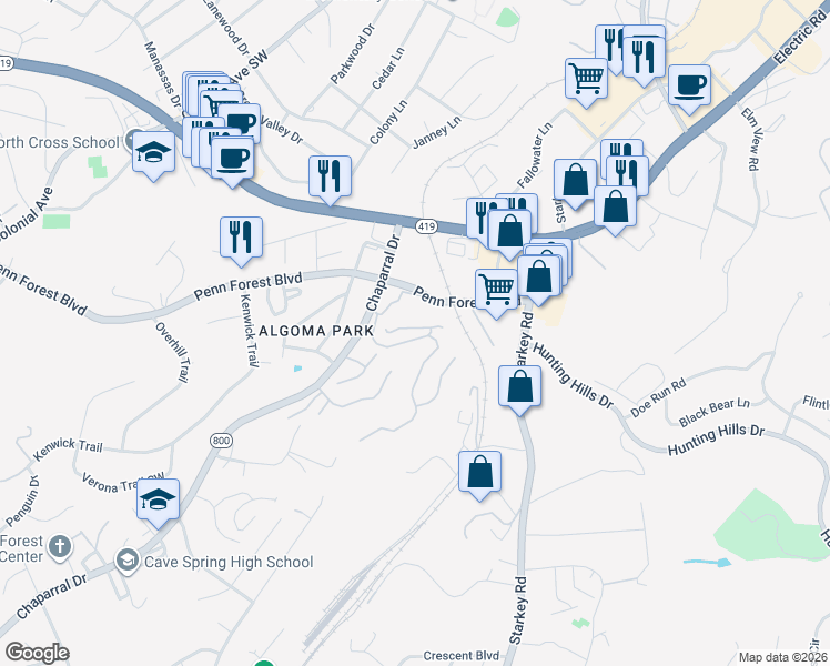 map of restaurants, bars, coffee shops, grocery stores, and more near 3411 Stonehenge Square in Cave Spring
