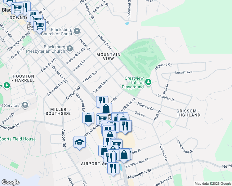 map of restaurants, bars, coffee shops, grocery stores, and more near 111 Cohee Rd in Blacksburg