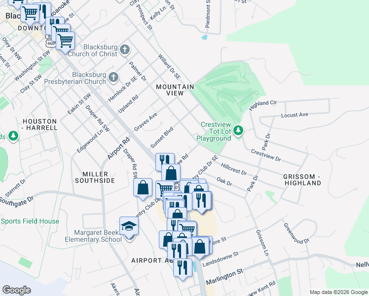 map of restaurants, bars, coffee shops, grocery stores, and more near 111 Cohee Rd in Blacksburg
