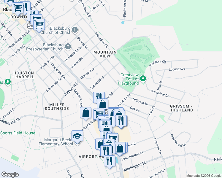 map of restaurants, bars, coffee shops, grocery stores, and more near 111 Cohee Rd in Blacksburg