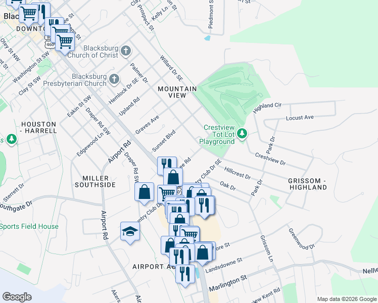 map of restaurants, bars, coffee shops, grocery stores, and more near 111 Cohee Road in Blacksburg