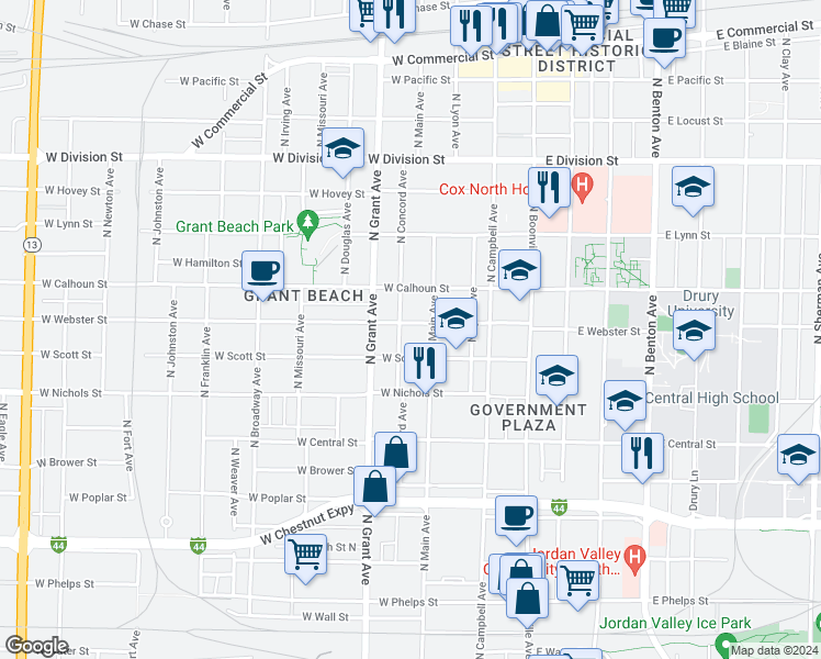 map of restaurants, bars, coffee shops, grocery stores, and more near 620 West Webster Street in Springfield