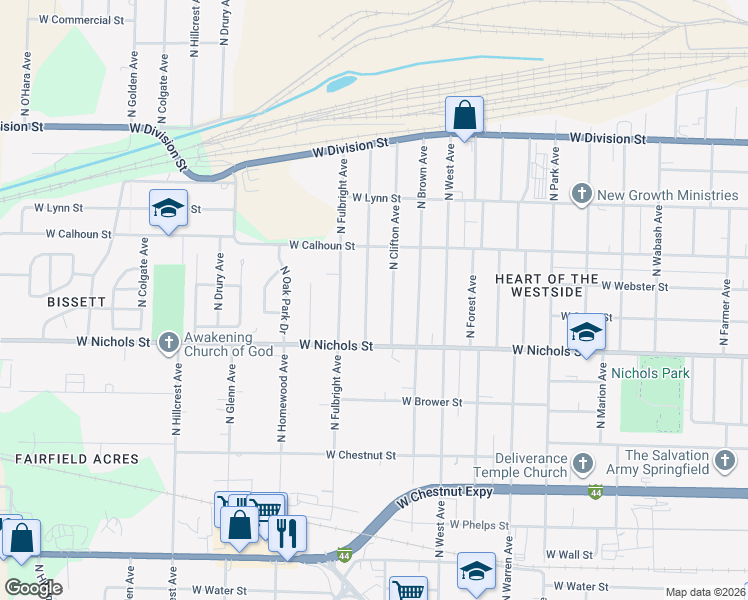 map of restaurants, bars, coffee shops, grocery stores, and more near 1108 North Ethyl Avenue in Springfield