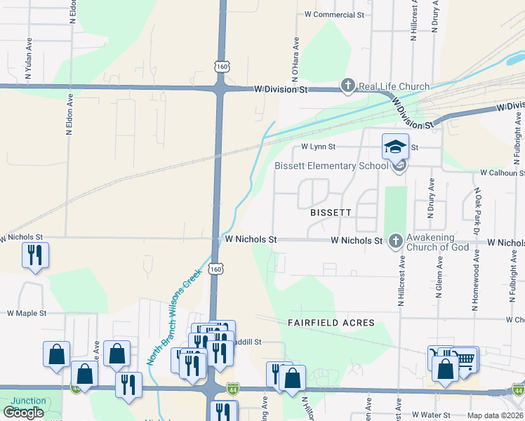 map of restaurants, bars, coffee shops, grocery stores, and more near 1105 North Dickerson Avenue in Springfield