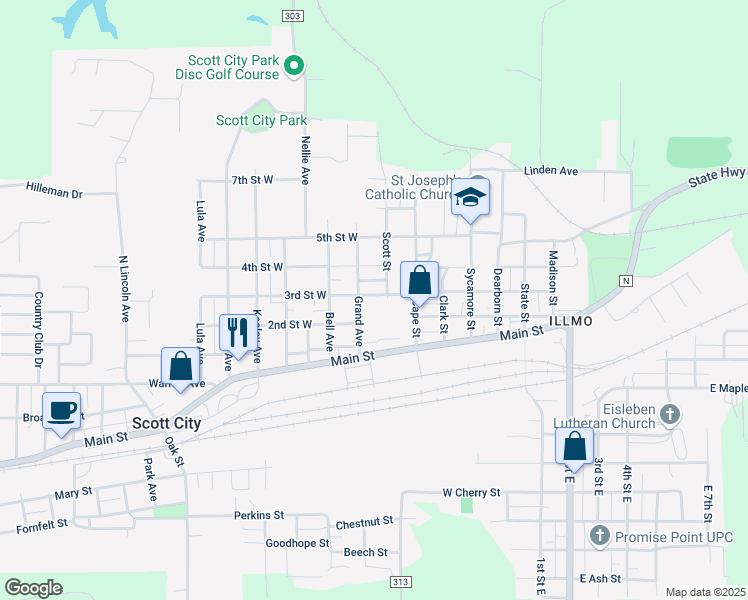 map of restaurants, bars, coffee shops, grocery stores, and more near 609 3rd Street West in Scott City
