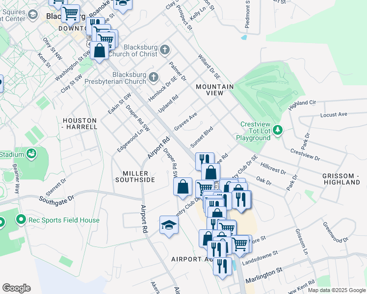 map of restaurants, bars, coffee shops, grocery stores, and more near 1001 U.S. 460 Business in Blacksburg