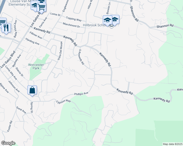 map of restaurants, bars, coffee shops, grocery stores, and more near 16420 South Kennedy Road in Los Gatos
