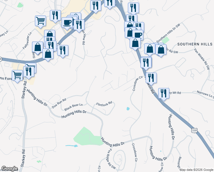 map of restaurants, bars, coffee shops, grocery stores, and more near 5516 Quail Ridge Circle in Cave Spring