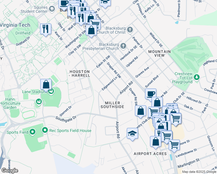 map of restaurants, bars, coffee shops, grocery stores, and more near 303 Edgewood Lane in Blacksburg