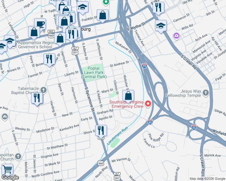 map of restaurants, bars, coffee shops, grocery stores, and more near 216 Mars Street in Petersburg
